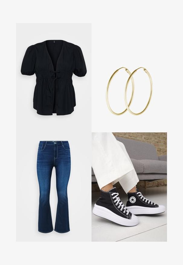Blusa nera con scollatura a V profonda, maniche a sbuffo corte e vita con cordoncino elastico. Tessuto morbido con una silhouette rilassata e fluida.; Jeans svasati blu scuro in denim, con design a cinque tasche, zip frontale con bottone e cuciture a contrasto lungo le cuciture.; Sneakers nere alte con suole e lacci in gomma bianca. Presentano una toppa con logo rotondo e cuciture a contrasto bianche. Materiale in tela.; Orecchini a cerchio in oro con un design liscio e arrotondato e una finitura lucida. Costruzione leggera con chiusura a scatto sicura.