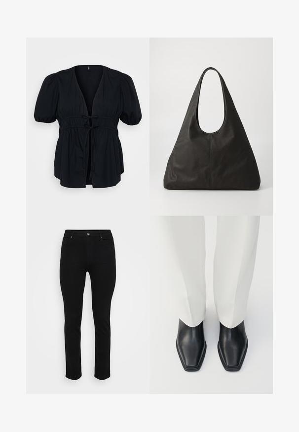 Blusa nera con scollatura a V profonda, maniche a sbuffo corte e vita con cordoncino elastico. Tessuto morbido con una silhouette rilassata e fluida.; Jeans in denim nero con vestibilità slim, design a cinque tasche, chiusura anteriore a bottone e leggero stretch per un maggiore comfort. Texture piatta e liscia con dettagli minimi.; Stivaletti neri in pelle con punta affusolata e tacco basso a blocco, abbinati a pantaloni bianchi a gamba larga. Texture liscia, design elegante.; Borsa a tracolla in pelle nera con manico curvo, forma triangolare allungata e superficie liscia. Presenta un design minimalista senza hardware visibile.; Orecchini in metallo argento con un design ondulato e scultoreo, caratterizzati da una finitura lucida e forme irregolari, che evidenziano un'estetica contemporanea.