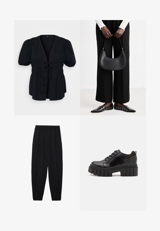 Blusa nera con scollatura a V profonda, maniche a sbuffo corte e vita con cordoncino elastico. Tessuto morbido con una silhouette rilassata e fluida.; Pantaloni neri leggeri con vita elastica e caviglie arricciate. Il tessuto è liscio e presenta un design rilassato e affusolato.; Scarpe platform in pelle nera con tacco a blocco robusto, punta rotonda e design tradizionale con lacci. Presentano una superficie liscia e dettagli minimi.; Borsa a spalla in pelle nera con forma arrotondata, finitura lucida e accessori in argento. Persona che indossa pantaloni ampi neri e mocassini con borchie.