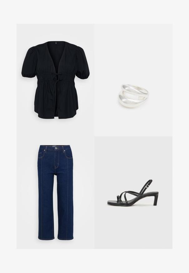 Črna bluzica z globokim V-izrezom, kratkimi naborkastimi rokavi in elastičnim pasom s štefanjem. Gladek material s sproščenim, tekočim silhuetom.; Temno modri ravni jeans z gumbnico, sprednjima in zadnjima žepoma ter vidno oranžnim šivom ob šivih.; Črne natikače s trakovi in kvadratnim prstom ter nizkim blokastim peto. Imajo več tankih trakov in nastavljiv trak okoli gležnja. Narejene so iz gladkega usnja.; Srebrn dvojni prstan z gladko, polirano površino. Ima tekoč, ukrivljen dizajn z prekrivajočimi se sekcijami za sodoben videz.