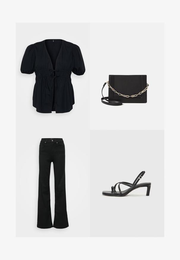Svart bluse med dyp V-hals, korte puffermer og elastisk snorlinning. Glatt stoff med en avslappet, flytende silhuett.; Svarte utsvingte jeans laget av denim, med høy midje, fem lommer og metallknapplukking. Glatt tekstur med minimal detaljering.; Sorte sandaler med stropper, firkantet tå og lav blokk hæl. Har flere tynne stropper og en justerbar ankelstropp. Laget av glatt lær.; Svart lær crossbody-veske med glatt tekstur, rektangulær form og metallkjede detaljer på framsiden. Justerbar stroppe inkludert.