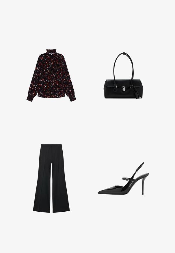 Long-sleeve black blouse featuring a red and white abstract pattern, high neck, relaxed fit, and textured fabric.; Black wide-leg pants with a smooth texture, featuring front pleats and a tailored design. The fabric is lightweight and flowy.; Black patent leather slingback high heels with a pointed toe, adjustable strap, and stiletto heel. Smooth surface with shiny finish.; Black leather handbag with a smooth texture, structured design, dual handles, and a silver clasp detail at the center.
