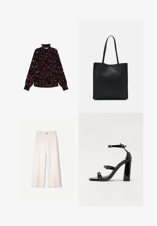 Czarna bluzka z długim rękawem z czerwono-białym abstrakcyjnym wzorem, wysoka szyja, luźny krój i fakturowany materiał.; Kremowe spodnie szerokie z dopasowanym krojem, z dwoma przednimi kieszeniami i pojedynczym zapięciem na guzik z przodu, wykonane z gładkiego materiału.; Czarne lakierowane sandały na obcasie z kwadratowym noskiem, z paskami wokół kostki i srebrnymi klamrami. Posiadają masywny słupek dla stabilności.; Czarna skórzana torba tote o gładkiej fakturze, prostokątnym kształcie i dwóch długich uchwytach. Brak widocznych elementów metalowych i ozdób.