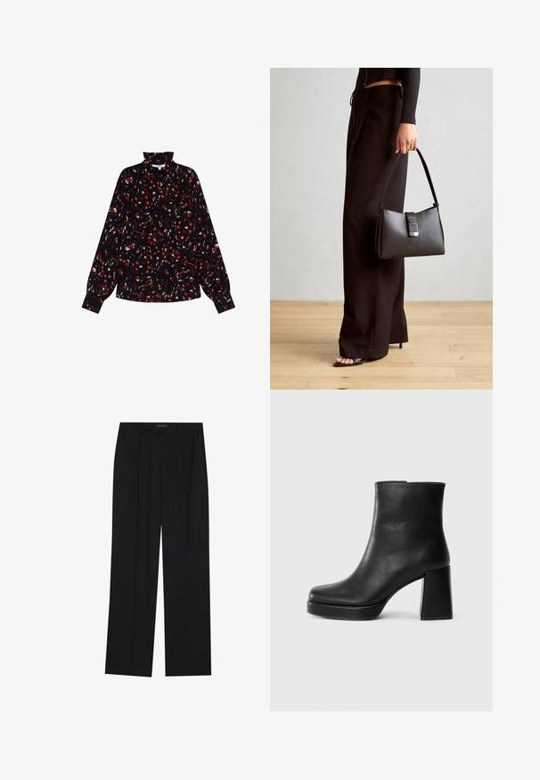 Pitkähiha musta bleiseri, jossa on punainen ja valkoinen abstrakti kuvio, korkea kaulus, rento malli ja teksturoitu kangas.; Mustat housut suoralla lahkeella, joissa on kaksi etutaskua ja vyötärö. Valmistettu sileästä, kevyestä kankaasta.; Musta nahkasaapas nilkkapituisena, jossa on paksu korko ja alustapohja, nähtynä sivulta yksinkertaisella valkoisella taustalla.; Musta käsilaukku, jossa on rakenteellinen muoto, sileä pinta ja metallinen solki. Yhdistetty leveisiin mustiin housuihin ja avonaiheisiin sandaaleihin puulattialla.