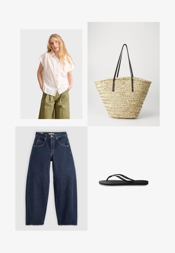 Valkoinen lyhythihainen napillinen paita, joka on valmistettu puuvillasta, rennolla mitoituksella ja hienovaraisella tekstuurilla, yhdistettynä löysiin oliivinvihreisiin kellotettuihin housuihin.; Tummansinisiä farkkuja, joissa on rento malli, vaaleat tikkaukset, viisi taskua ja nappikiinnitys vyötäröllä.; Mustat flip-flopit, joissa on röpelöinen kumipohja, kaksi hoikkaa remmiä ja hillitty, kohokuvioitu logotyyli remmissä.; Kudottu oljetta oleva käsilaukku, jossa on leveä, kapeneva muoto ja kaksi mustaa nahkahihnaa. Luonnollinen beige väri, joka on teksturoidulla pinnalla.