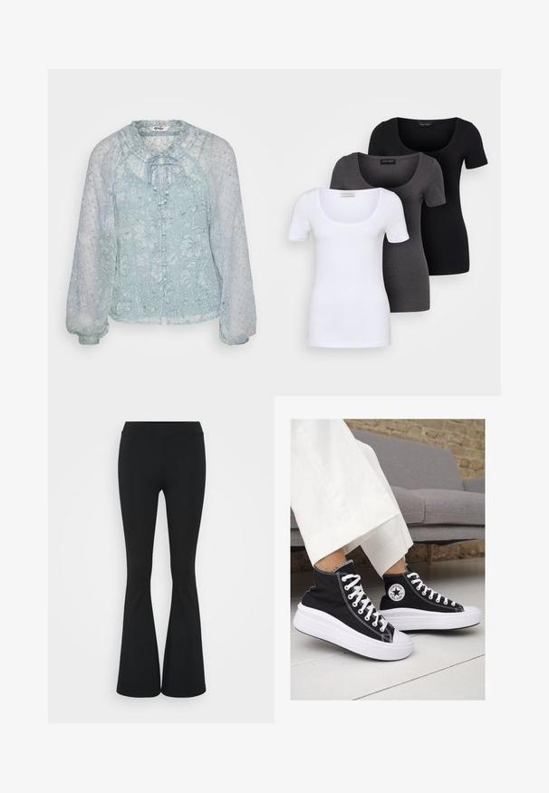 Hele sinine pluus, mis on valmistatud läbipaistvast kangast lillemusteritega, kogutud dekoltee, seotud sulgemine ja puhv long varrukad.; Kolm mugavat T-särki valges, hallis ja mustas värvitoonis. Igal särgil on lai madal kaelus ja lühikesed varrukad. Valmistatud siledast, venivast kangast.; Mustad flared püksid venivast kangast, kõrge vöökoht ja sile tekstuur. Püksid laienevad põlve kohalt.; Mustad musträgiga kõrge vars sneakerid valgete kummist tallade ja paeltega. Küljel on ringikujuline logo ja kontrastne valge õmblus.