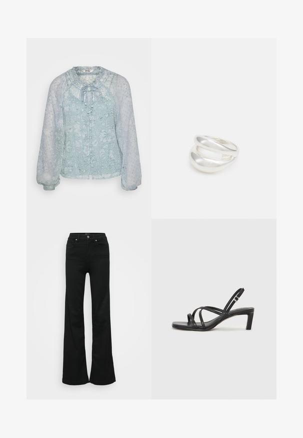 Light blue blouse made of transparent fabric with floral patterns, gathered neckline, tie closure, and puffed long sleeves.; Black flared jeans made from denim, featuring a high waist, five pockets, and metal button closure. Smooth texture with minimal detailing.; Black strappy sandal with a square toe and a low block heel. Features multiple thin straps and an adjustable ankle strap. Made of smooth leather.; Silver double-band ring with a smooth, polished surface. Features a fluid, curved design with overlapping sections for a modern look.