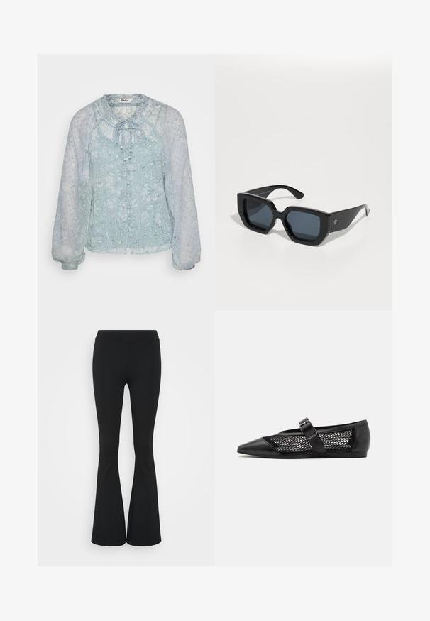 Világoskék blúz áttetsző anyagból, virágmintákkal, ráncolt nyakkal, megkötős zárással és puffos hosszú ujjal.; Fekete harangszárú nadrág, rugalmas anyagból készült, magas derékkal és sima felülettel. A nadrág a térdtől kezdve bővül.; Fekete lapos cipő hegyes orral, hálós oldalpanelekből készült, és csattal ellátott pánttal. Simább felület az orrnál és a saroknál.; Fekete, oversized napszemüveg geometrikus mintával, téglalap alakú lencsékkel és fényes felülettel. Az elülső részén nincs látható márkajelzés.
