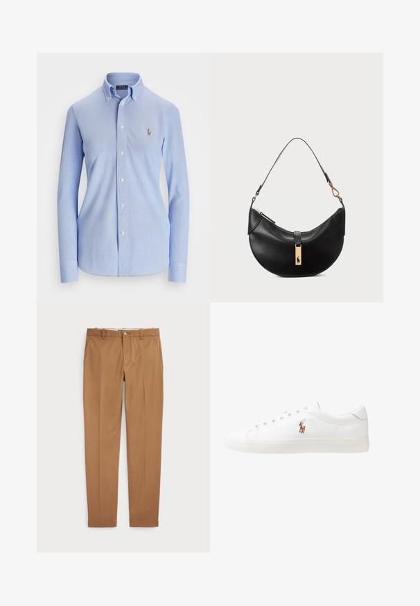 Camisa azul-clara de botões com mangas longas, colarinho pontudo e um logo bordado no peito. Feita de um tecido texturizado.; Calças de algodão castanhas com um design slim-fit, frente lisa e bolsos standard; textura suave e bainhas com acabamento.; Sapatilhas de couro brancas, design de cano baixo, com textura suave, biqueira redonda, atacadores à frente e um pequeno logótipo bordado na lateral.; Bolsa de couro preto em forma de meia-lua. Apresenta um detalhe em metais dourados e uma alça estreita. Textura suave, fechamento em zíper na parte superior.