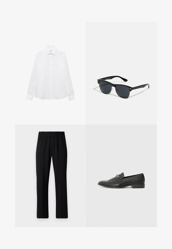 Weißes Langarmhemd aus Baumwolle. Mit button-down Kragen, Knöpfen vorne und geradem Saum. Keine Muster oder Akzente.; Schwarze, Gummibund-Hosen mit geradem Schnitt, die eine glatte Textur aufweisen und keine sichtbaren Muster oder Beschläge haben.; Schwarzer Lederloafer mit glatter Oberfläche, ausgestattet mit einer gesteppten Gestaltung und einem dekorativen Metallkettendetail über dem Vorderblatt. Flacher Absatz.; Schwarze Sonnenbrille mit rechteckiger Form, dunklen Gläsern, silbernen Akzenten an den Bügeln und mattierter Oberfläche des Rahmens.