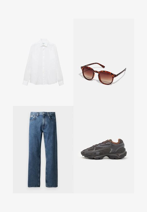 Hvid langærmet skjorte lavet af bomuld. Har en button-down krave, forreste knapper og en lige kant. Ingen mønstre eller detaljer.; Blå lige ben denim jeans med høj talje, knap- og lynlås lukning, forvaskede lommer og et lille hvidt mærke på den højre lomme.; Lacoste sneakers i mørkegrå med mesh og syntetisk materiale, udstyret med en tekstureret sål og brune accenter på kraven og brandingen.; Skildpaddemønstrede solbriller med gradient brune linser, rund form og sorte tempelakcenter; har to små metalnitter nær linserne.