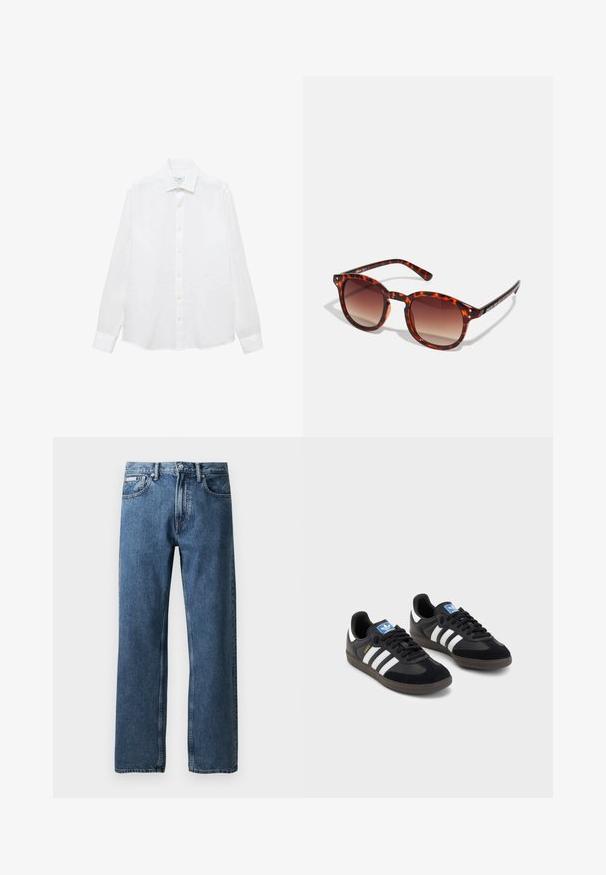 Hvid langærmet skjorte lavet af bomuld. Har en button-down krave, forreste knapper og en lige kant. Ingen mønstre eller detaljer.; Blå lige ben denim jeans med høj talje, knap- og lynlås lukning, forvaskede lommer og et lille hvidt mærke på den højre lomme.; Sorte sneakers med en overdel i ruskind og syntetisk materiale, med tre hvide striber, struktureret gummisål og en blå logoetiket på tungen.; Skildpaddemønstrede solbriller med gradient brune linser, rund form og sorte tempelakcenter; har to små metalnitter nær linserne.