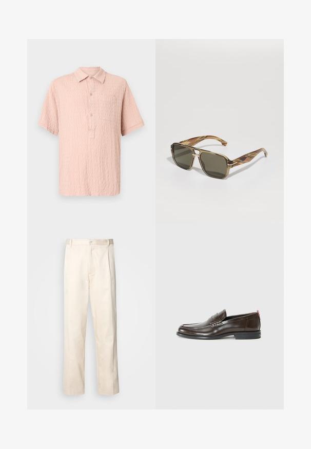 Rosa kortermet skjorte med teksturert stoff, knapping foran og en enkelt brystlomme. Klassisk kragedesign.; Beige bomullsbukser med rett benfatt, med knappelukking og folder foran for ekstra detaljer.; Brune skinnloafers med en glatt overflate, rund tå, dekorativ søm og en kontrasterende rød aksent på hælen. Gummisåle.; BOSS Solbriller - brown