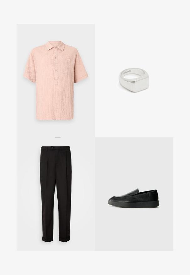 Różowa koszula z krótkim rękawem, wykonana z teksturowanej tkaniny, z zapinaniem na guziki z przodu oraz jednym kieszonkowym wykończeniem na piersi. Klasyczny fason kołnierzyka.; Czarne spodnie o gładkiej fakturze, charakteryzujące się prostym krojem, dwoma przednimi kieszeniami oraz pojedynczym zapięciem na guzik w talii.; Calvin Klein HYBRID CUP czarny; Srebrny pierścionek o geometrycznym kształcie z płaską górą i polerowanym wykończeniem, oznaczony napisem "ALLSAINTS" na wewnętrznej części.