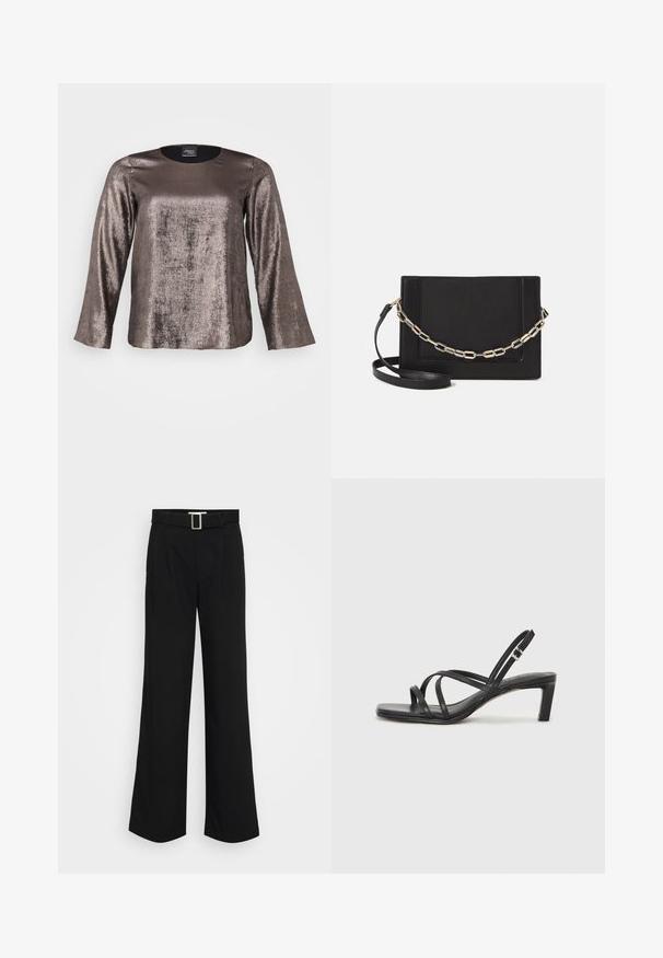 Top de manga larga en bronce metálico con cuello redondo, textura suave y silueta fluida. Brillo sutil en toda la tela.; Pantalones anchos negros de tela ligera, con una textura suave, pliegues frontales y un cinturón con una hebilla metálica cuadrada.; Sandalia negra de tiras con punta cuadrada y tacón bajo de bloque. Presenta múltiples tiras delgadas y una correa ajustable en el tobillo. Fabricada en cuero suave.; Bolso cruzado de piel negra con textura suave, forma rectangular y un detalle de cadena metálica en el frente. Incluye una correa ajustable.