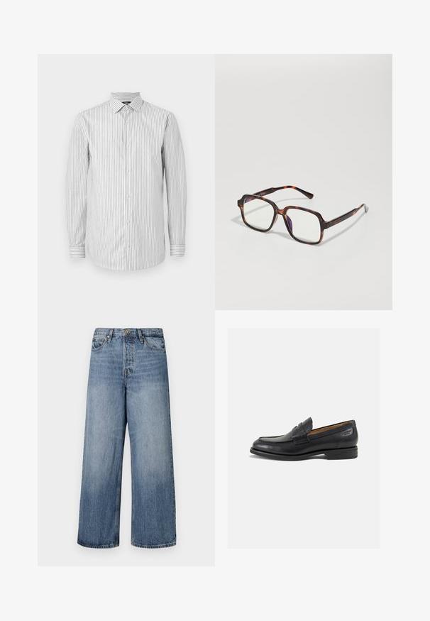 Pasiasta koszula męska z długim rękawem w kolorze białym i jasnoszarym, z kołnierzykiem i zapięciem na guzik, z kontrastowymi paskami na mankietach i gładką teksturą.; Szerokie niebieskie dżinsy z przetarciami, pięcioma kieszeniami i zapięciem na guzik. Wyposażone w szlufki na pasek i przeszycia dekoracyjne.; Czarne skórzane mokasyny o gładkim wykończeniu, zaokrąglonym nosku i dekoracyjnym przeszyciu na cholewce. Niski, warstwowy obcas i delikatny połysk.; Okulary przeciwsłoneczne w kratkę, z kwadratowymi oprawkami, przezroczystymi soczewkami i smukłymi zausznikami z subtelnym detalem logo. Wykończenie matowe i błyszczące.