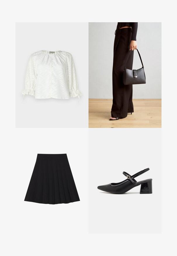 Hvid bluse med tekstureret bladmønster, rund halsudskæring, knaplukning fortil og elastiske, rummelige ærmer med snoretræk.; Sort plisseret nederdel lavet af struktureret stof med en tætsiddende talje. Faldende til knæ længde og har en glat, ren silhuet.; Sorte patentlæder slingback hæle med spids tå, rund udskæring og blokhæl. Har en guldtonet spændeaccents.; Sort håndtaske med struktureret form, glat overflade og metalspænde. Sammen med brede sorte bukser og sandaler med åben tå på trægulv.