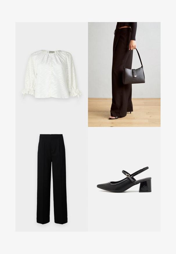 Bela bluza z teksturiranim listnatim vzorcem, zaobljenim izrezom, sprednjim gumbom in elastičnimi, gathered rokavi z vrvicami.; Črne široke hlače iz gladkega materiala, z ravnim sprednjim delom, naborki in oblikovanim pasom. Brez vidnih kovinskih delov ali vzorcev.; Črne patentne usnjene salonarce s slingback obliko, s koničastim nosom, zaobljenim izrezom in blok peto. Imajo zlato kovinsko zaponko kot dodatno okrasje.; Črna torbica z strukturirano obliko, gladko teksturo in kovinskim zaponko. Ujemajo se z širokimi črnimi hlačami in odprtimi sandali na lesenem tleh.