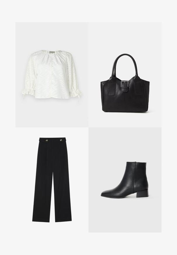 Blusa blanca con patrón texturizado de hojas, escote redondeado, parte frontal con botones y mangas elásticas fruncidas con lazos ajustables.; Pantalones de pierna ancha negros con cintura alta, detalles de botones en la cinturilla y pliegues en la parte delantera.; Botín de cuero negro hasta el tobillo con puntera afilada y tacón bloque bajo, con una textura suave y un diseño minimalista.; Bolso tote de cuero negro con textura suave, forma estructurada, dos asas y un prominente detalle de hebilla plateada en la parte frontal.