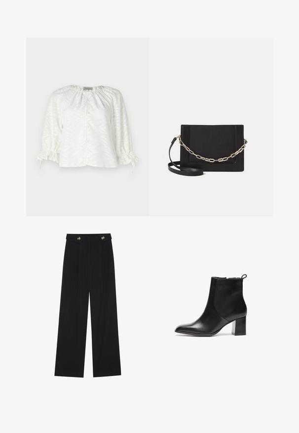 White blouse with textured leaf pattern, rounded neckline, buttoned front, and elasticized, gathered sleeves with drawstring ties.; Black wide-leg trousers with high waist, button details on waistband, and front pleats.; Black leather ankle boot with a rounded toe, a mid-height block heel, and a pull tab at the back. Smooth texture, minimal design.; Black leather crossbody bag featuring a smooth texture, rectangular shape, and a metallic chain detail on the front. Adjustable strap included.