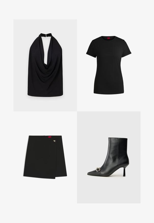 Black halter top with a deep cowl neckline, made of soft fabric. Features a back clasp closure and draped design for added texture.; Black cotton t-shirt with short rolled sleeves, a round neckline, and a red label. Smooth texture, fitted shape with minimal detailing.; Black wrap skirt with a smooth texture, featuring a red logo tag and a silver hardware accent. Simple design with a clean cut.; Black leather ankle boot with pointed toe, slim mid-height heel, and silver buckle detail on side against plain background.