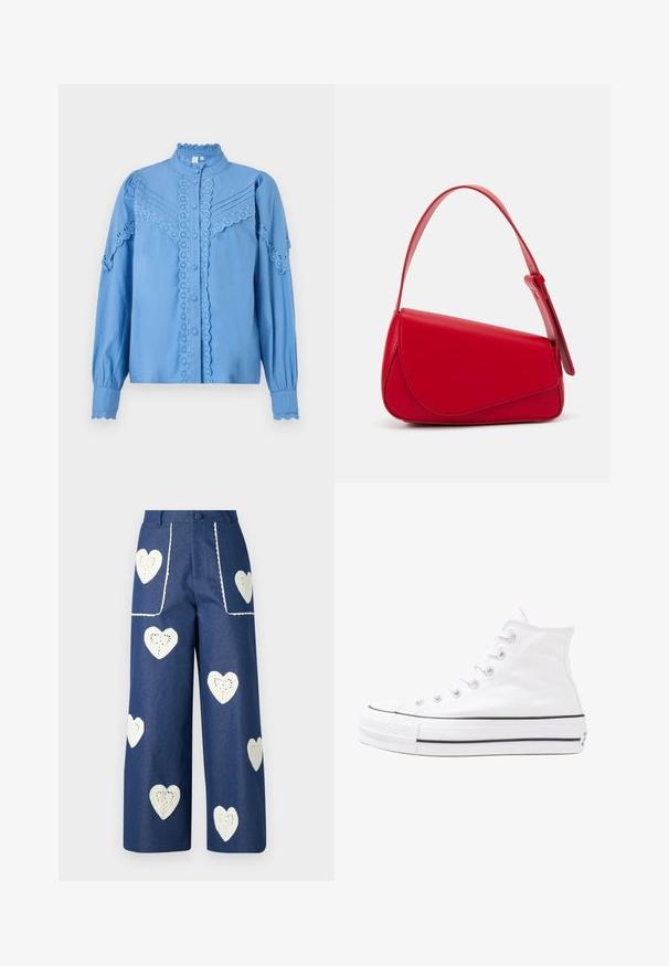 Cămașă albastră deschis, cu dantelă, guler înalt și mâneci structurate. Prezintă margini ondulate și detalii plisate.; Sister Jane HEART TO HEART - Blugi drepți - blue denim; Adidași albi tip pantofi sport cu glezna din pânză, cu talpă din cauciuc negru, capac de vârf din cauciuc frontal și șase ochiuri pentru șireturi, având un design curat și minimalist.; Geantă de mână din piele roșie, cu un design unghiular și geometric. Dispune de o singură curea ajustabilă și un sistem de închidere cu clapetă, cu detalii cusute.