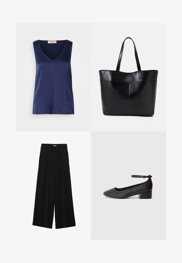 Mørkeblå ermeløs topp med V-halsdesign, laget av glatt stoff, uten mønstre eller detaljer, med rett kant.; Svart vide bukser med teksturert stoff, elastisk midje og avtagbart belte som gir justerbar passform.; Sorte skinnpumper med spiss tå og lav blokkhelt. Har ankelrem med gullfarget spenne. Glatt tekstur.; Svart lær toteveske med to lange håndtak, en glatt tekstur og en strukturert form. Har en frontlomme for ekstra oppbevaring.