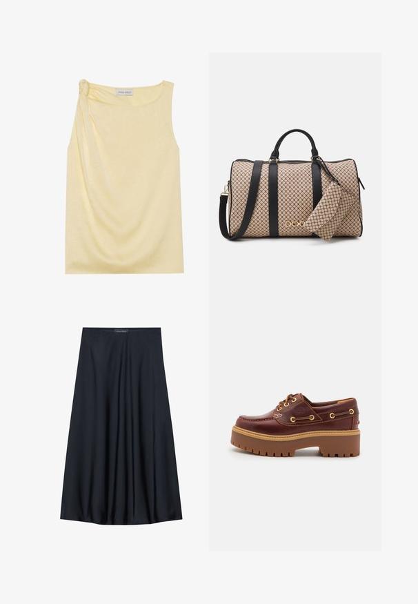 Bez piedurknēm dzeltena blūze ar teksturētu apdari un saplacinātu sānu detaļu. Mīksts audums un brīvs piegriezums, ar taisnu apakšmalu.; Melna, uz ceļa garuma svārku izgatavota no viegla auduma ar plūstošu dizainu. Ir gluda tekstūra un smalkas krokas papildu detaļām.; Brūni ādas laivu kurpes ar masīvu brūnu gumijas zoli, zelta acīm un kontrastējošiem stitchiem. Iezīmēta ar logotipu sānos.; Dafels soma ar beigu rakstu ārējo virsmu, melnām ādas siksnām, zelta piederumiem un mazu atbilstošu maisiņu. Strukturēts dizains.; Zelta tonis taisnstūra rokas pulkstenis ar balto ciparnīcu, sudraba tonis stundu rādītājiem un izturīgu metāla saiti. Iekļauta ūdens izturība.