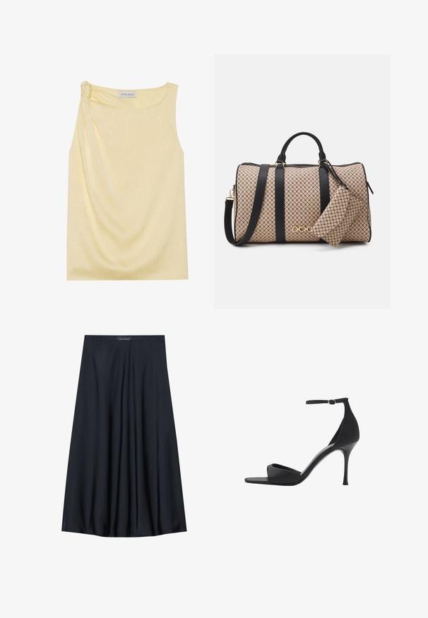 Sleeveless yellow top with a textured finish and a gathered side detail. Soft fabric and a relaxed fit, featuring a straight hem.; Black, knee-length skirt made of lightweight fabric with a flowy design. Features a smooth texture and subtle pleats for added detail.; Mango High heeled sandals - black; Duffle bag with a beige patterned exterior, black leather straps, gold hardware, and a small matching pouch attached. Structured design.; Gold-tone rectangular wristwatch with a white dial, silver-tone hour markers, and a durable metal link bracelet. Water-resistant feature included.