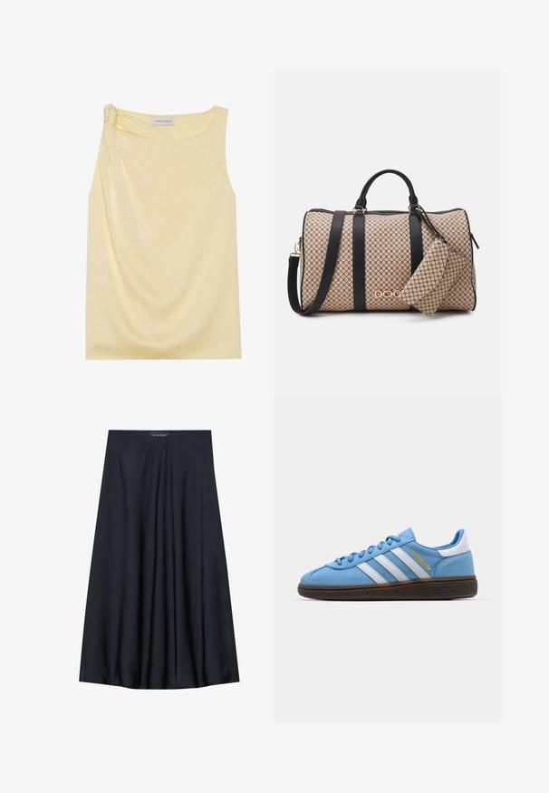 Ujj nélküli sárga felső, texturált felülettel és gyűrött oldalrészlettel. Puha anyagból készült és laza szabású, egyenes alsó szegéllyel.; Fekete, térdig érő szoknya könnyű anyagból, laza formával. Simább textúrával rendelkezik, és finom redők díszítik a részleteket.; Világoskék velúr sneaker, fehér bőr csíkkal, barna texturált talppal és arany logó részlettel. Alacsony szárú dizájn, kerek orral.; Beige mintás külsővel rendelkező sporttáska, fekete bőr pántokkal, arany színű fém kiegészítőkkel, és egy kis illeszkedő tárolóval, ami hozzá van erősítve. Strukturált dizájn.; Aranyszínű, téglalap alakú karóra fehér számlappal, ezüstszínű óránymarkerekkel és strapabíró fém láncszíjjal. Vízálló funkcióval rendelkezik.