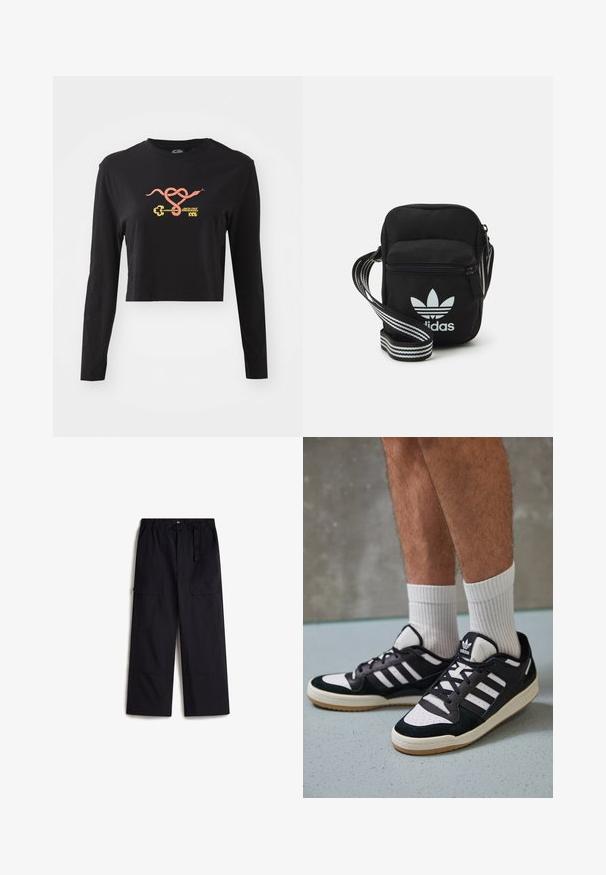 Černý dlouhý rukáv crop top vyrobený z bavlny. Na přední straně má barevnou grafiku hada a klíče. Jednoduchý design s kulatým výstřihem.; Černé cargo kalhoty s elastickým pasem, nastavitelným opaskem a dvěma bočními kapsami. Vyrobeny z lehké, texturované látky.; Černobílé tenisky s vrchní částí z semišové a kožené kůže, včetně tří bílých pruhů, perforovaného špičky a podrážky z gumy.; Černá crossbody taška z látky se zipovým uzávěrem, obsahující bílé logo Adidas a pruhovaný nastavitelný popruh pro snadné nošení.