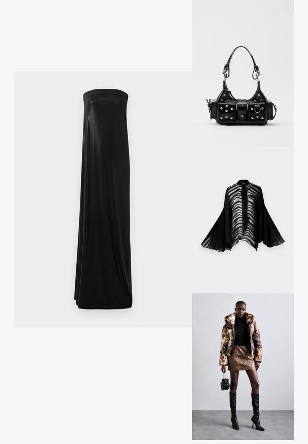 Must värvitu kimonoga, millel on laiad kellukesed varrukad, esiküljel hõbedaste triipudega disain ja elegantne kaela seotud detail.; Must have rihmatu maksi kleit, mis on valmistatud siledast, läikivast kangast. Omab õhulist bodi ja voogavat siluetti, ulatudes põrandani ilma kaunistusteta.; Põuejope pruuni ja musta mustriga, kokku sobitatud pruuni madu nahast mini-seelikuga, mustade reie kõrguste saapadega ja väikese musta kotiga.; Must värvi nahast käekott, millel on kaarjas disain, hõbedased nupukesed, kinnitusahe ja kaks külgtaskut. Reguleeritav rihm erinevate kandmisvõimaluste jaoks.