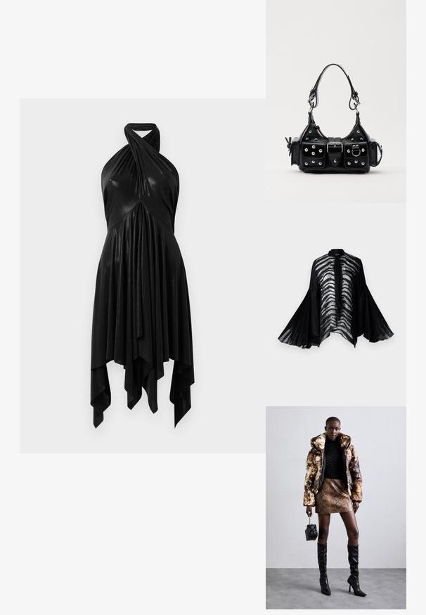 Čierny priehľadný kimono s širokými zvonovými rukávmi, zdobený striebornými pruhmi na prednej strane a elegantným viazaním na krku.; Čierne halter šaty s drapériou. Vyrobené z lesklého materiálu, s prekrúteným výstrihom a asymetrickým lemom. Hladká textúra.; Bundička s kapucňou so hnedo-čiernym vzorom, skombinovaná s mini suknou s hadím vzorom v hnedej farbe, čiernymi čižmami po kolená a malou čiernou kabelkou.; Čierna kožená kabelka s zakriveným dizajnom, doplnená striebornými cvočkami, prackou a dvoma bočnými vreckami. Nastaviteľný popruh poskytuje rôzne možnosti nosenia.