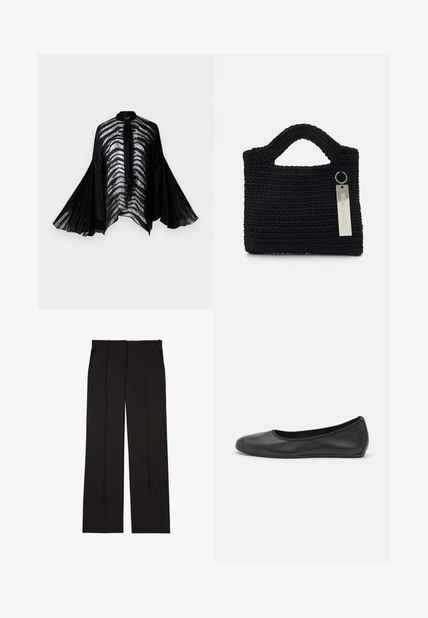 Melnas caurspīdīgas kimono ar plašām zvana piedurknēm, ar sudraba svītru dizainu priekšpusē un elegantu kakla saišu detaļu.; Melni gludā auduma pielāgoti bikses ar taisnu kāju piegriezumu un divām sānu kabatām. Eleganta un minimālistiska uzbūve.; Melna ādas baleta kurpe ar noapaļotu purngalu, gludu tekstūru, minimālu šuvju detalizāciju un elastīgu zoles dizainu.; Won Hundred MARSIELLE COMPUTER BAG UNISEX - Klēpjdatora soma - black