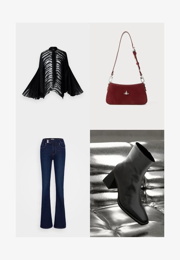 Kimono nero trasparente con ampie maniche a campana, caratterizzato da un design a strisce argento lungo la parte frontale e un elegante dettaglio con fiocco al collo.; Jeans a palazzo blu scuro con vita alta, due tasche frontali e due chiusure a bottone. Realizzati in denim con una texture liscia.; Stivale alla caviglia nero realizzato in materiale lucido con punta quadrata e tacco affusolato, posizionato su uno sfondo argentato lucido con imbottiture a sfera.; Borsa a spalla in suede rosso con forma curva. Presenta un accento in tonalità argento e una tracolla regolabile con dettagli in metallo. Texture liscia.