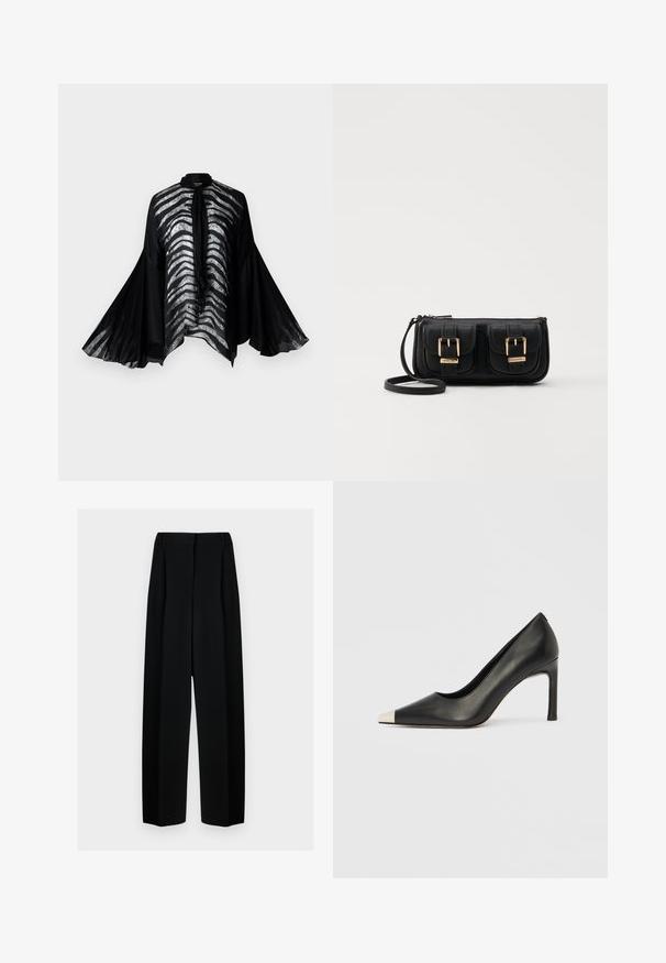 Kimono negro transparente con amplias mangas de campana, que presenta un diseño de rayas plateadas en la parte delantera y un elegante detalle de lazo en el cuello.; Pantalones de pierna ancha negros con cintura alta, que presentan pliegues y una textura suave. El tejido parece ligero y se drapea de forma elegante.; Zapato de tacón alto de cuero negro con punta en forma de pico y una tapa metálica plateada. Presenta un acabado suave y un tacón delgado de 10 cm.; Bolso cruzado de cuero negro con dos bolsillos frontales, hebillas doradas, cierre de cremallera y una correa delgada. Superficie texturizada y forma rectangular compacta.