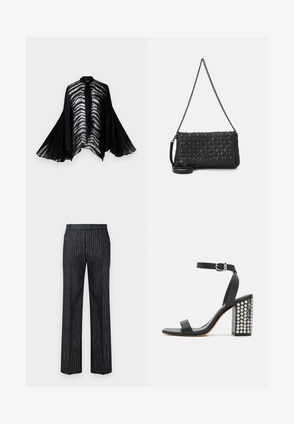 Black sheer kimono with wide bell sleeves, featuring silver-striped design along the front and elegant neck tie detail.; Dark striped trousers featuring a wide-leg design, made from textured fabric with vertical silver pinstripes. Flat front and belt loops.; Black leather heeled sandals with an ankle strap. Features a square toe, smooth texture, and square block heel adorned with silver studs.; Black quilted leather bag with a chain strap, featuring skull accents and a zip closure. Textured surface with a glossy finish.