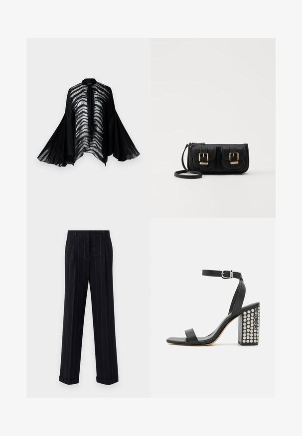 Zwarte doorzichtige kimono met brede klokmouwen, voorzien van een zilveren gestreept ontwerp aan de voorkant en een elegante nekstrikdetail.; Zwarte broek met streepjes in een getailleerde pasvorm, voorzien van een omgeslagen zoom en voorplooien. Gemaakt van een gladde stof met een gestructureerd ontwerp.; Zwarte leren haksandalen met een enkelbandje. Met een vierkante neus, een gladde textuur en een vierkante blokhak versierd met zilveren studs.; Zwarte leren schoudertas met twee vo pockets, gouden gespen, ritsluiting en een smalle band. Tekstuur oppervlak en compacte rechthoekige vorm.