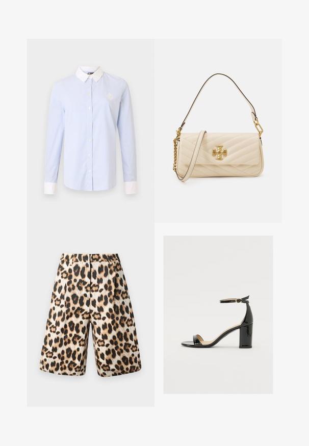 Light blue striped button-up shirt with a white collar and cuffs. Features long sleeves and an embroidered logo on the chest.; Leopard-print shorts featuring a blend of beige and black tones, pleated design, and side pockets. Made from smooth fabric with a shiny finish.; Black patent leather sandal with a wide heel, open toe, and ankle strap featuring a gold buckle. Smooth texture and sleek design.; Quilted cream handbag with a gold logo accent, featuring a chain and leather strap. Structured design and smooth texture with diagonal stitching.