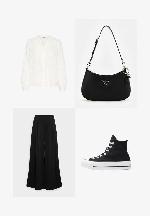 Blusa bianca ricamata con scollo a henley, maniche lunghe a sbuffo, chiusura a bottoni e motivi floreali su tutta la superficie. Tessuto morbido e leggero.; Pantaloni neri a gamba larga realizzati in un tessuto morbido, con pieghe frontali e un'alta vita, che garantiscono una silhouette fluida.; Sneaker alta nera in tela con occhielli e lacci bianchi e suola in gomma. Presenta un punta testurizzata e accenti a strisce bianche e nere.; Borsa a spalla nera in materiale sintetico con silhouette curvilinea, finitura testurizzata, logo triangolare dorato e dettagli in metallo removibili.