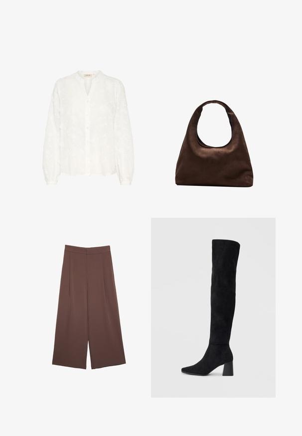 Bílá vyšívaná blůza se žebrovaným výstřihem, dlouhými nafouklými rukávy, zapínáním na knoflíky a květinovými vzory po celé ploše. Měkká, lehká tkanina.; Hnědé široké kalhoty s hladkou texturou, vysokým pasem a předními záhyby. Materiál je lehký a volně splývá.; Černé semišové vysoké boty s blokovým podpatkem, špičatou špičkou a hladkým, bezšvovým designem na jednoduchém světlém pozadí.; Měkká hnědá kabelka ve stylu hobo s jedním širokým popruhem a zakřiveným horním otvorem, vystavená na bílém pozadí.