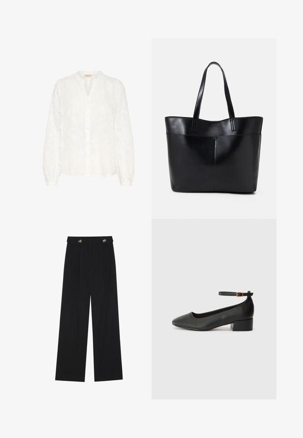 Fehér hímzett blúz henley nyakkal, hosszú puffos ujjakkal, gombos záródással és virágmintákkal. Puha, könnyű anyag.; Fekete, bő szárú nadrág magas derékkal, gombos részletekkel a derékrészen és elülső pliszékkal.; Fekete bőr magassarkú cipő hegyes orral és alacsony tömb sarkal. Bokapánttal rendelkezik, aranyszínű csattal. Simább textúra.; Fekete bőr bevásárlótáska két hosszú fogantyúval, sima felülettel és strukturált formával. Elülső zseb található rajta a plusz tárolás érdekében.