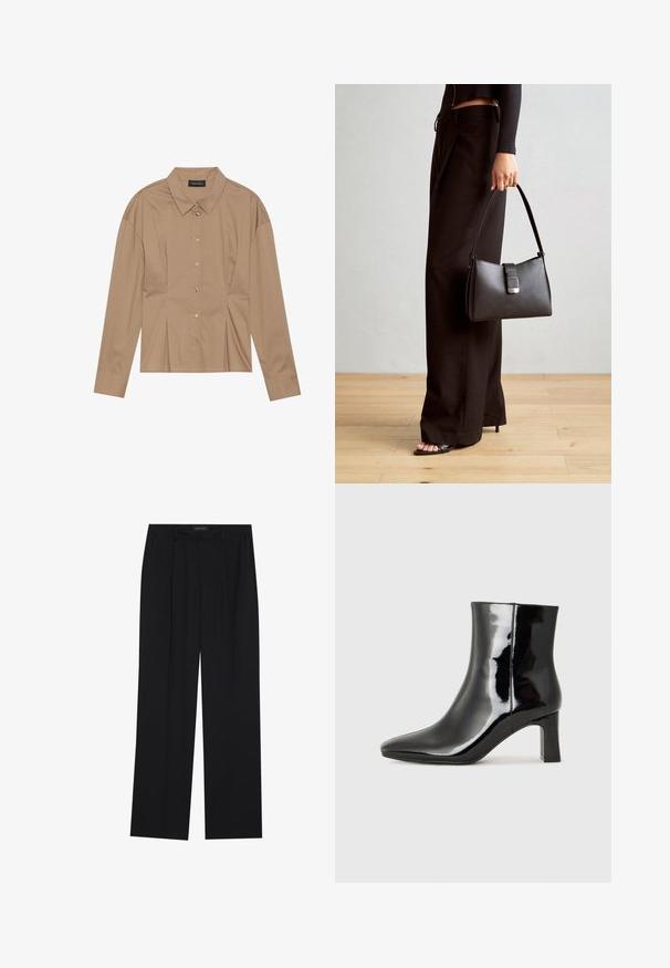 Pruun pikkade varrukatega särk, kaelusega, nööpidega esiosas ja koos voldikute detailidega. Valmistatud siledast kangast ja kitsamast disainist.; Mustad püksid sirgjoonelise disainiga, millel on kaks esist taskut ja muudatus. Valmistatud siledast, kergekaalulisest kangast.; Must-sinine nahkjalats musta läikiva viimistlusega, millel on terav nina ja keskmise kõrgusega plokk konts. Sile tekstuur ja minimalistik disain.; Must musta kott, millel on struktureeritud kuju, sile tekstuur ja metallist klamber. Kombineeritud laiate mustade pükstega ja avatud varvaste sandaalidega puidust põrandal.