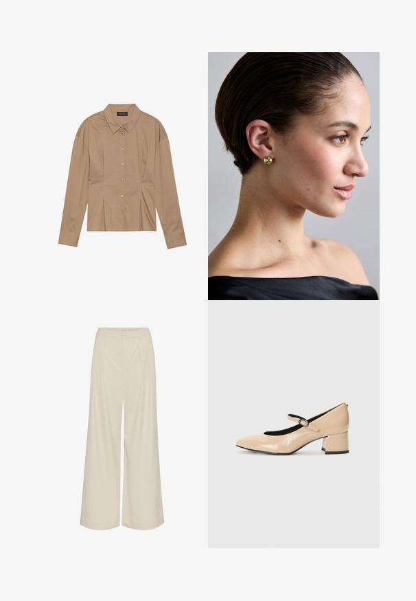 Camisa marrón de manga larga con cuello tipo polo, cierre de botones en la parte delantera y detalles de pliegues. Confeccionada en una tela suave con un diseño entallado.; Pantalones de pierna ancha en una tela beige claro, con pliegues, una cintura alta y una textura suave sin embellimientos visibles.; Zapatos Mary Jane de charol beige con puntera simulada, correa con hebilla y tacón bloque de altura media. Textura suave con un acabado brillante.; Pendientes de botón esféricos de oro llevados en la oreja de una persona, destacando una superficie lisa y un acabado pulido, sobre un fondo neutro.