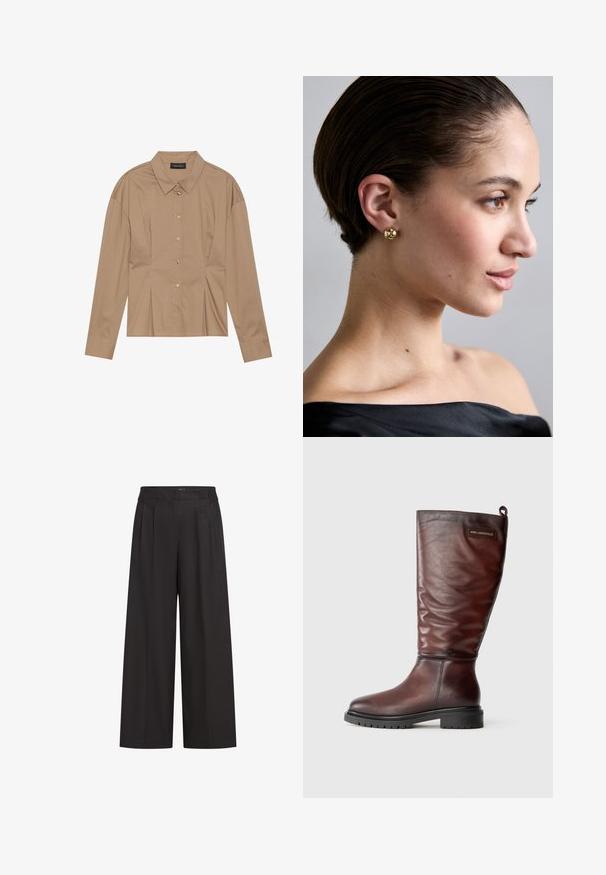 Brūna garām piedurknēm krekls ar apkakli, pogu slēgšanu un plisēšanas detaļām. Izgatavots no gludas auduma ar pieguļošu dizainu.; Melni platleņķa bikses ar augstu jostu, ar priekšējiem krokām un gludu tekstūru. Izgatavotas no viegla auduma.; Brūnas ādas zābaki līdz ceļiem ar nedaudz nolaistu dizainu, apaļu purngalu un biezu, teksturētu melnu gumijas zoli. Iekļauta logo uzlīme.; Zelta sfēriskie stud auskari, kas valkāti uz personas auss, uzsverot gludu virsmu un spīdīgu apdari, uz neitrāla fona.