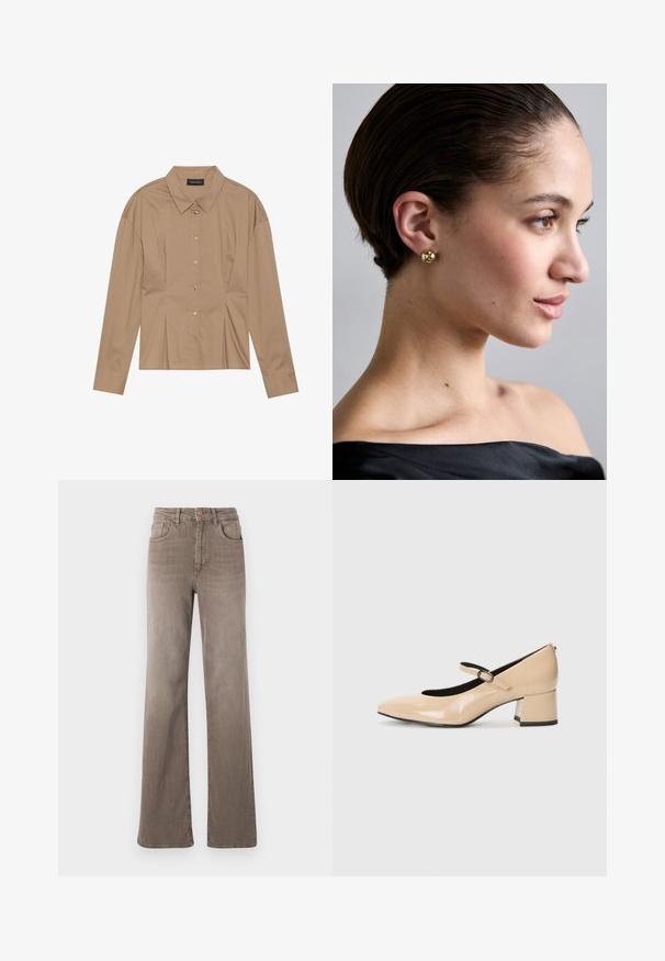 Smeđa dugorukava košulja s ovratnikom, prednjim kopčanjem na gumbe i detaljima nabora. Izrađena od glatkog materijala s uskim krojem.; Smeđe traperice visokog struka ravnog kroja s prednjim gumbom, petljama za pojas i klasičnim dizajnom od pet džepova na bijeloj pozadini.; Bež lakirane kožne Mary Jane cipele s lažnim vrhom, kopčom i blok petom srednje visine. Glatka tekstura s sjajnim završetkom.; Zlatne okrugle dugmadi naušnice koje nosi osoba, s naglaskom na glatku površinu i sjajni završetak, na neutralnoj pozadini.