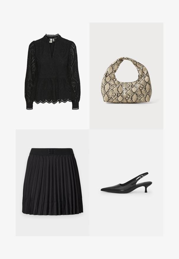 Črna bluzica z visokim ovratnikom, dolgimi rokavi in zapletenimi izrezi, s peplum robom in valovitimi robovi.; Črna nagubana krila z gladko teksturo, ki ima trden črn pas in odtisnjen logotip na sprednji strani.; Črne usnjene sandale z odprtim peto in konično oblikovanim prstom ter ozkim, ukrivljenim petnim delom. Imajo diskretno nastavljivo zaponko z kovinsko sponko.; Torba z vzorom kače s ukrivljenim ročajem. Narejena iz teksturiranih, bež in rjavih materialov, ki imajo značilen diamante vzorec.