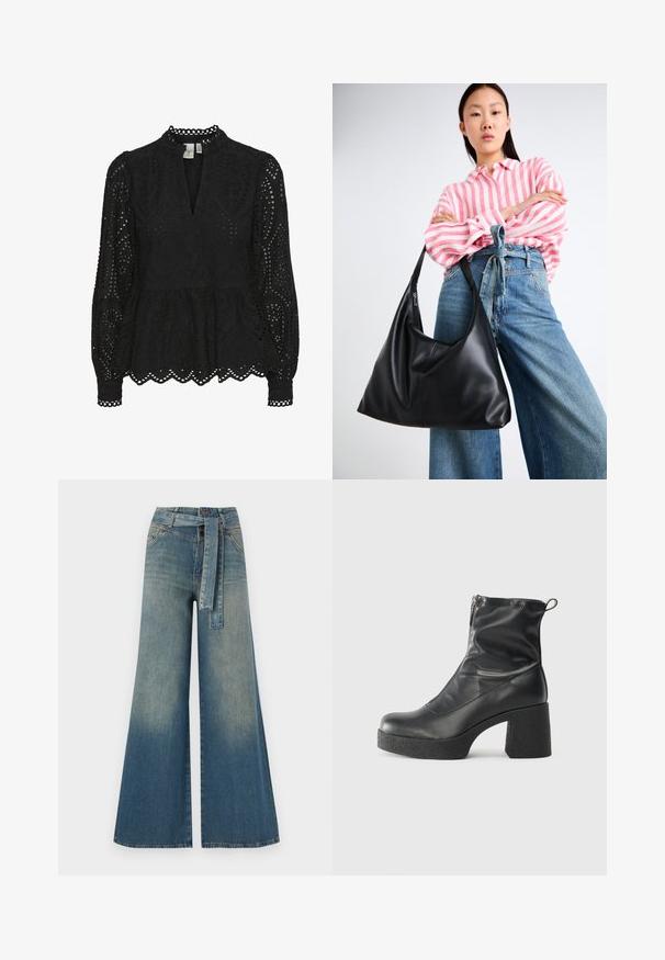Sort bluse med høj hals, lange ærmer og intrikate udskæringsmønstre, samt en peplum-bund og bølgede kanter.; Bredbens-denimbukser med en lys til mørk blå gradient, høj talje, bælteløkker og et matchende stofbælte. Tekstureret denimfinish.; Sorte ankelstøvler lavet af glat læder, med en sidelukning, kraftig struktureret hæl og rundt tådesign.; Sort læder skuldertaske med en afslappet form og sømdetaljer. Modellen har en lyserød og hvid stribet skjorte på sammen med blå jeans med brede ben.