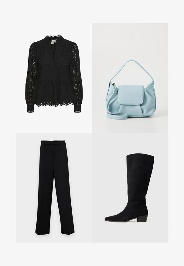 Fekete blúz, magas nyakkal, hosszú ujjakkal és bonyolult kivágott mintákkal, peplum szegéllyel és hullámos szélekkel.; Fekete, széles szárú nadrág sima anyagból, klasszikus derékrésszel, gombzárral és elülső redőkkel.; Fekete velúr térd fölé nyúló csizma alacsony tömbsarkal és hegyes orral, oldalnézetben, sima világosszürke háttérrel.; Világoskék bőrtáska, felső fogantyúval, elülső fedélzsebkémmel és levehető csuklószíjjal, fehér háttér előtt.