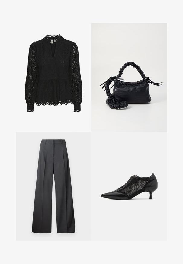 Blusa nera con collo alto, maniche lunghe e intricati motivi a intaglio, con orlo a peplo e bordi scallop.; Pantaloni a gamba larga in tessuto grigio scuro, con vita alta, pieghe singole e una texture liscia con una finitura pulita sui orli.; Scarpa nera a punta con un design a pannello di rete, dotata di un tacco basso e lacci frontali. Realizzata in una combinazione di pelle e materiale a rete.; Borsa a tracolla in ecopelle nera con texture a coccodrillo, apertura cinchata e tracolla arricciata. Si presenta con un design morbido e compatto.